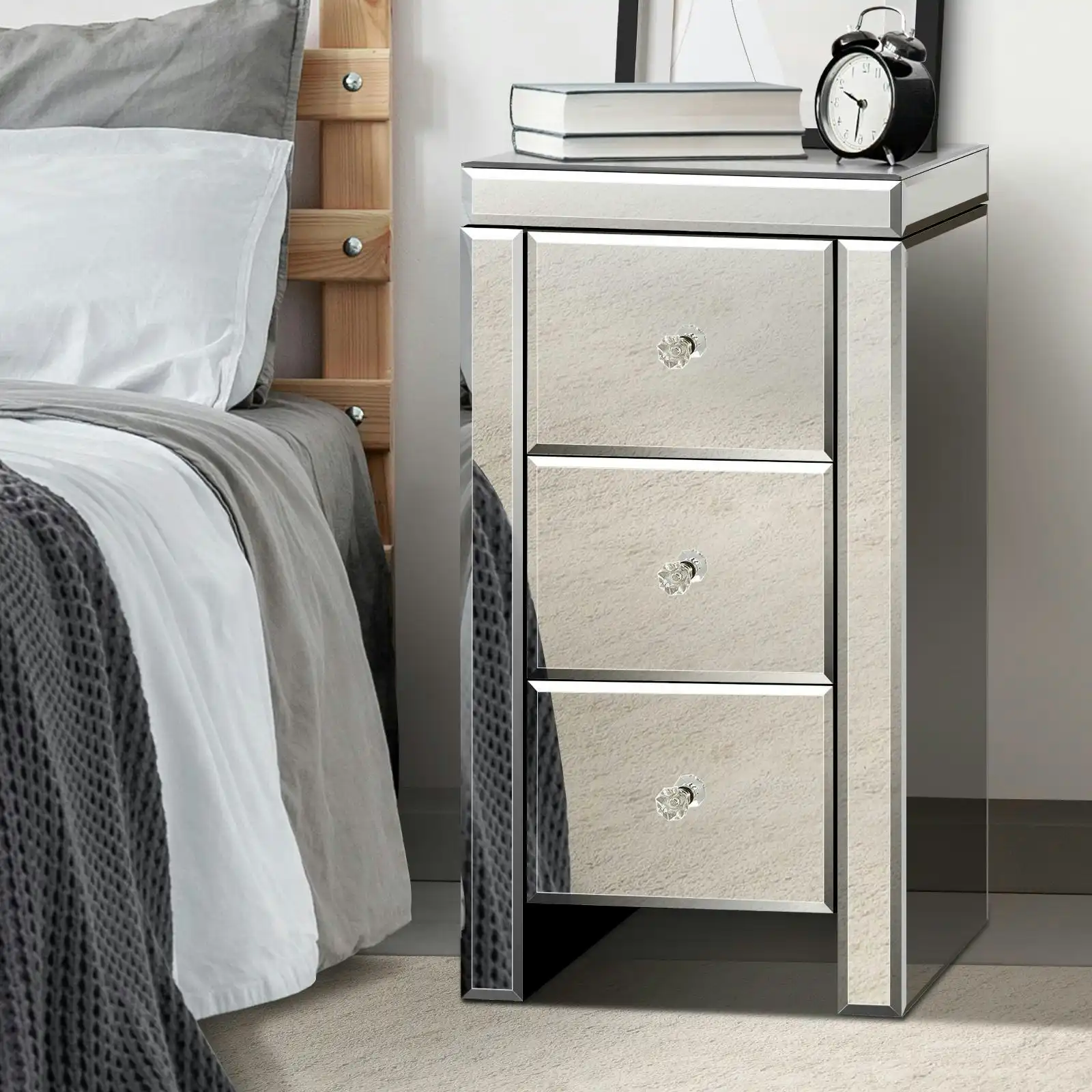Oikiture Bedside Table 3 Drawers Side Table Nightstand Mirrored Storage Cabinet
