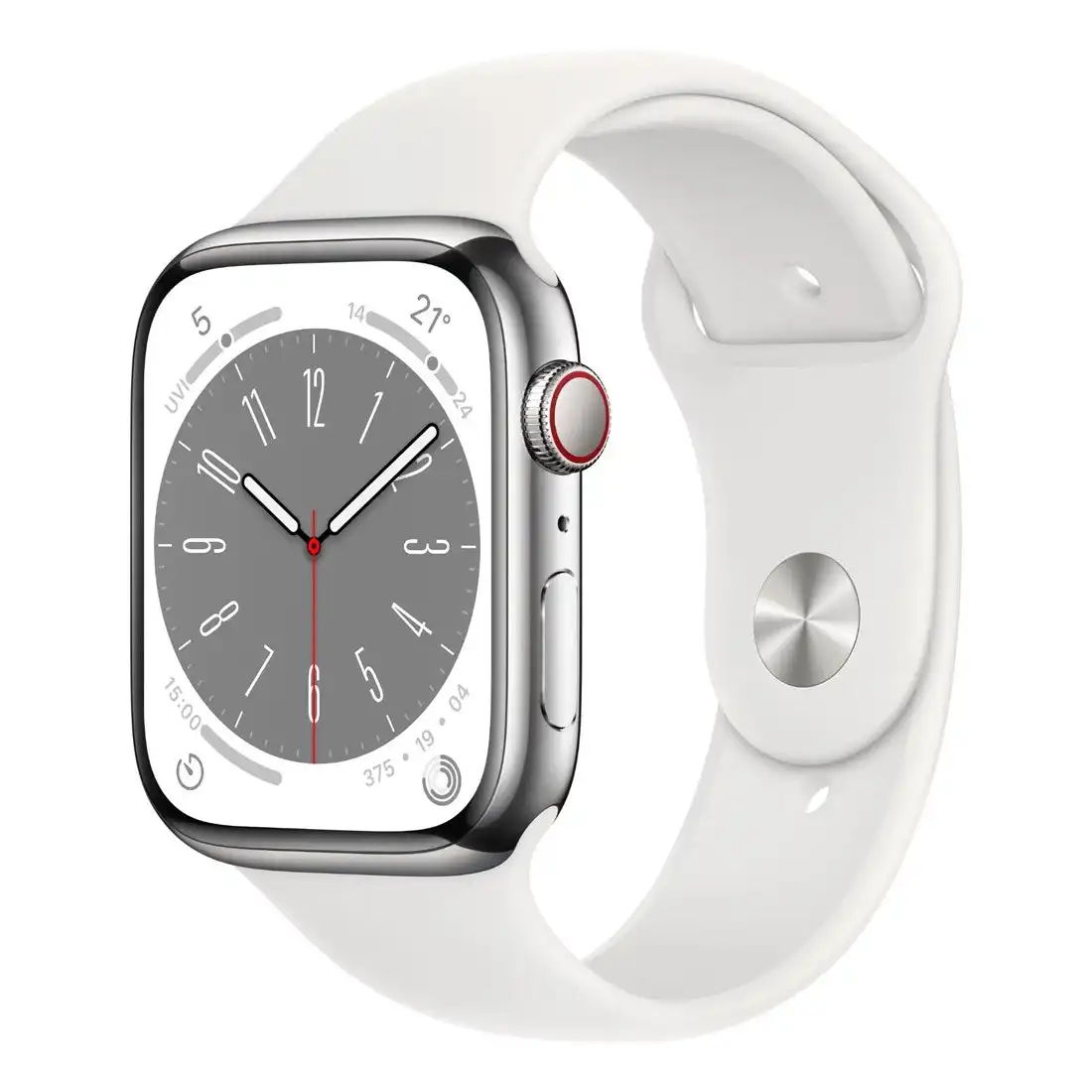 Apple Watch Series 8 GPS + Cellular 45mm Silver Stainless Steel Case w/ White Sport Band