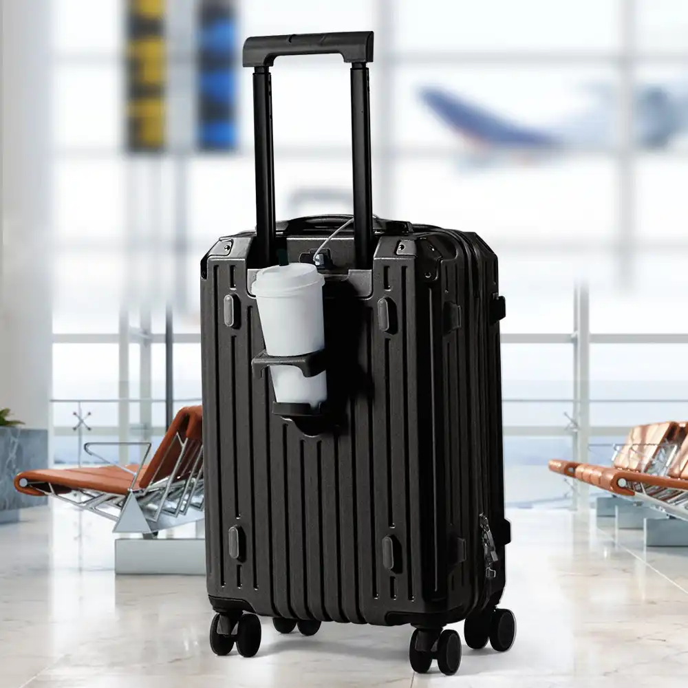 Tabibito Luggage Set Suitcase TSA Lock USB Port Cup Holder Side Hook Spinner Wheels 20" Black