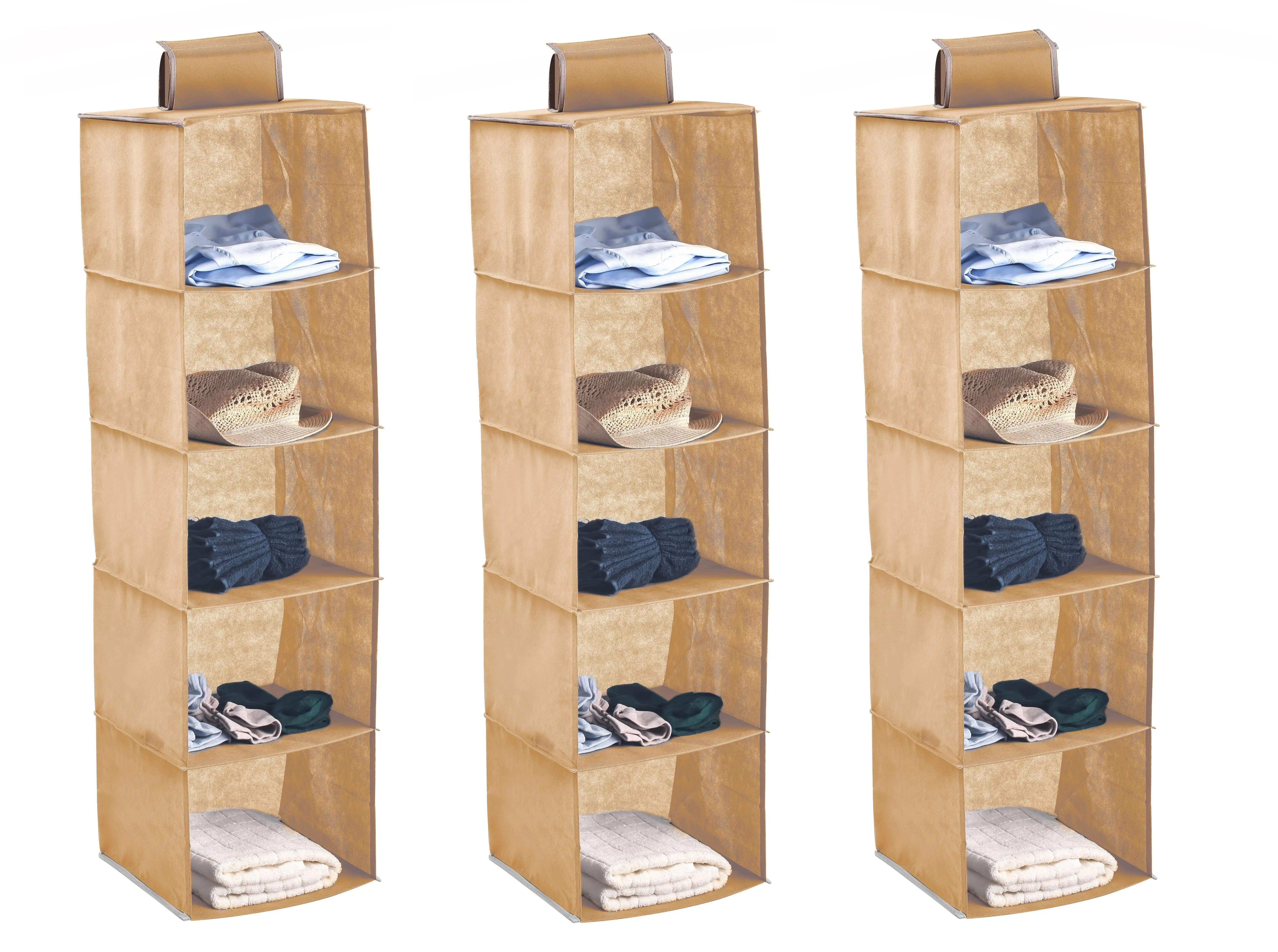 3 Pack 5-Tier Shelf Hanging Closet Organizer and Storage for Clothes (Beige)