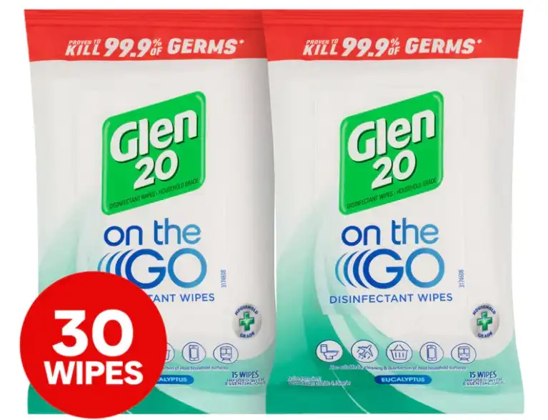 2 x 15pk Glen 20 On The Go Disinfectant Wipes Eucalyptus