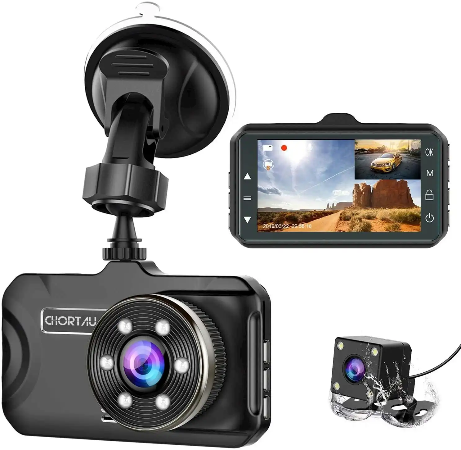 CHORTAU Dash Cam Front and Rear Dual Dash Cam 3 inch Dashboard Camera Full HD 170° Wide Angle Backup Camera with Night Vision WDR G-Sensor Parking Mon