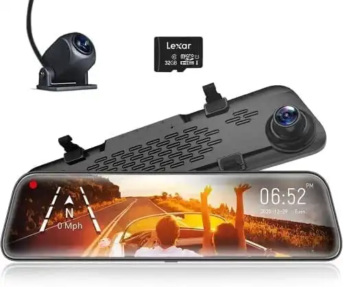 WOLFBOX 12“ Mirror Dash Cam Backup Camera,1296P Full HD Smart Rearview Mirror for Cars & Trucks, 1080P Front and Rear View Dual Cameras, Night Vision,
