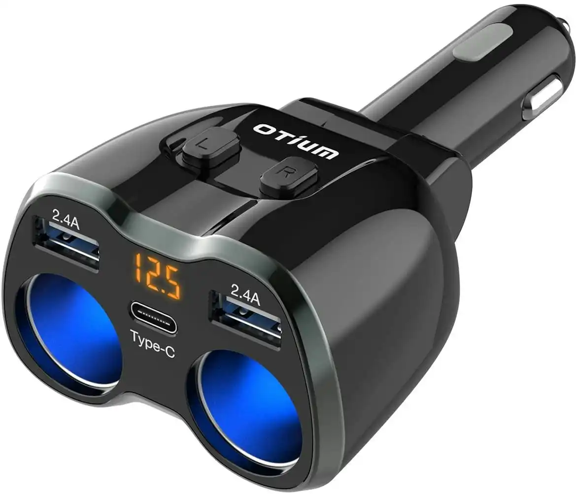 Otium USB C Car Charger, 2 Sockets Cigarette Lighter Splitter 12/24V 80W Dual USB Type-C Ports Separate Switch LED Voltage Display Built-in Replaceabl