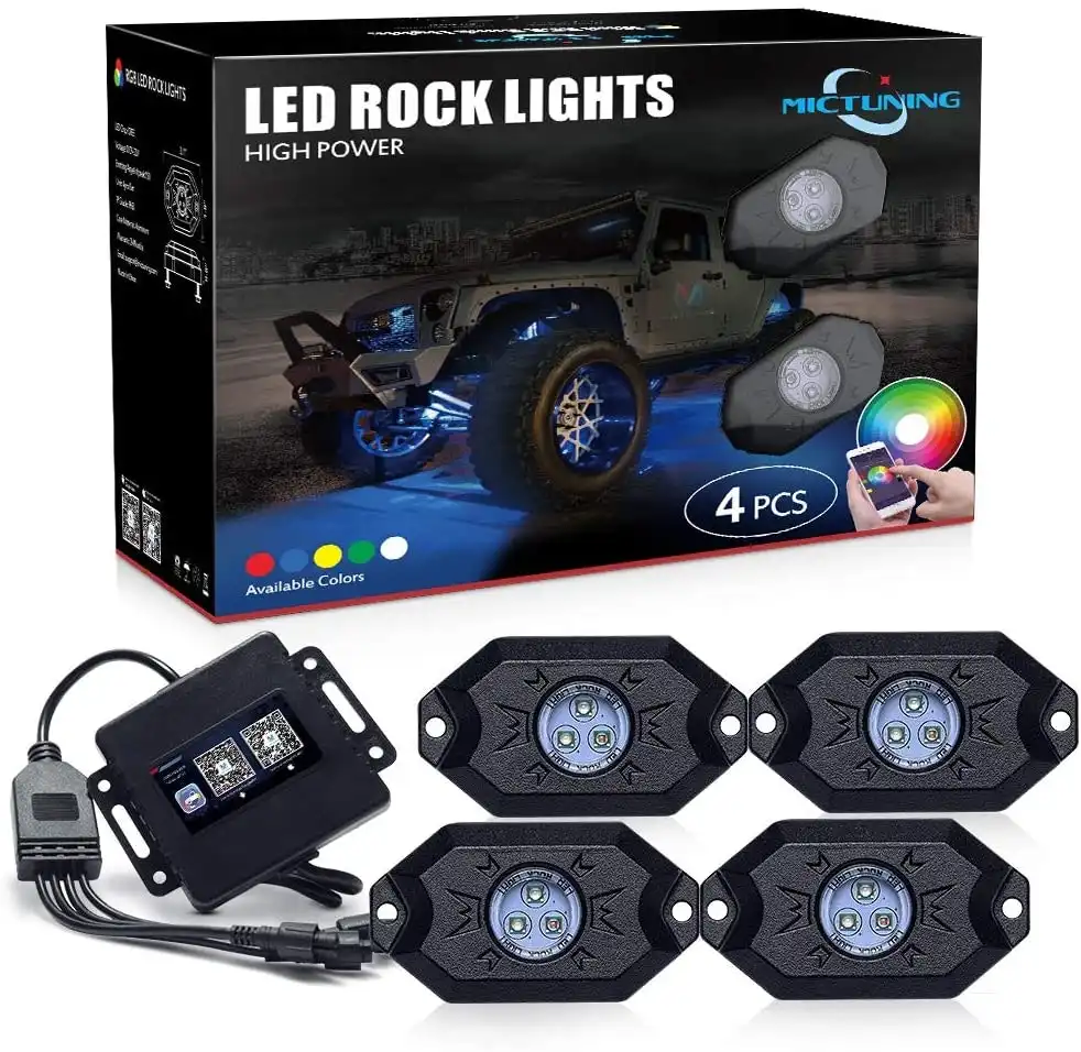 MICTUNING 2nd-Gen RGB LED Rock Lights with Bluetooth Controller, Timing Function, Music Mode - 4 Pods Multicolor Neon LED Light Kit