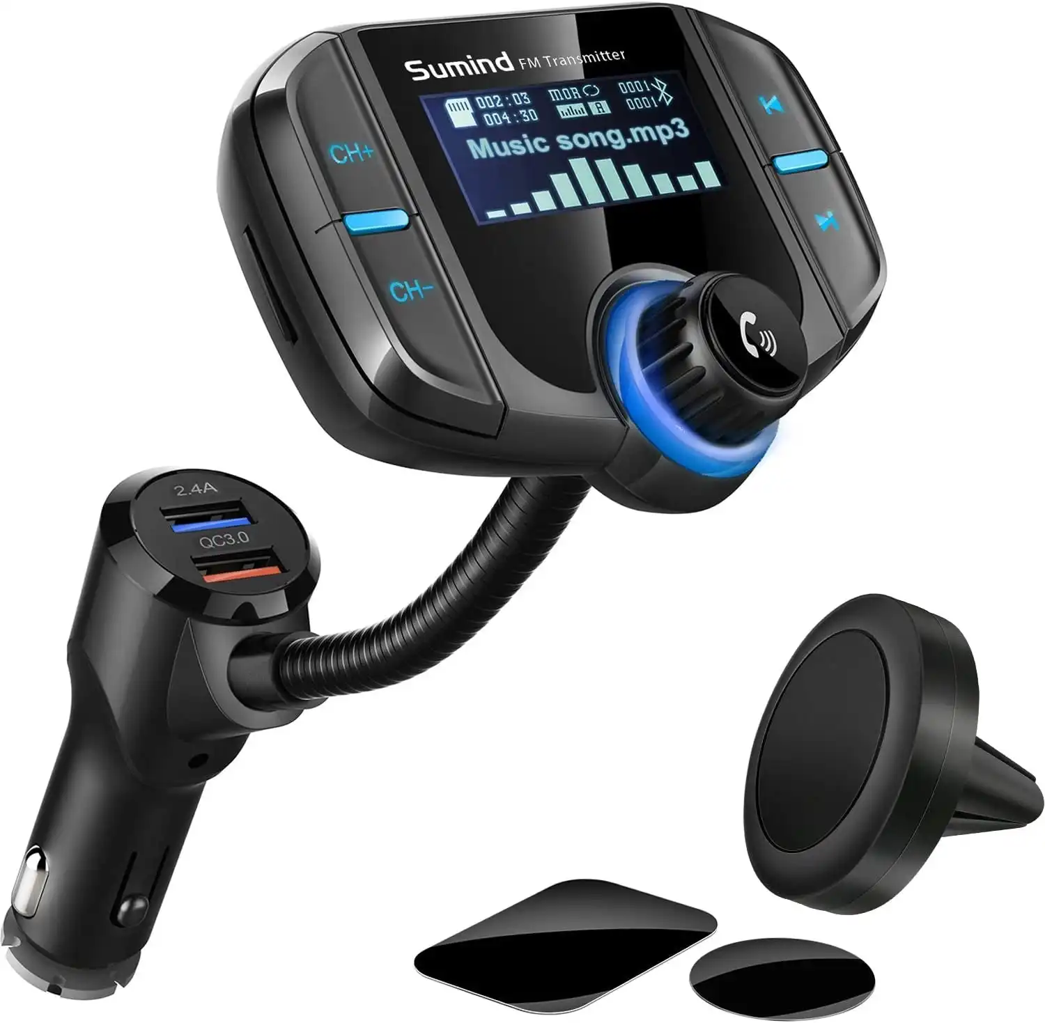 Car Adapter In-Car FM Transmitter, Wireless Radio Adapter 1.7 Inch Display, QC3.0/2.4A Dual USB Ports, AUX Output,Mp3 Player with Magnetic Mount and Plate