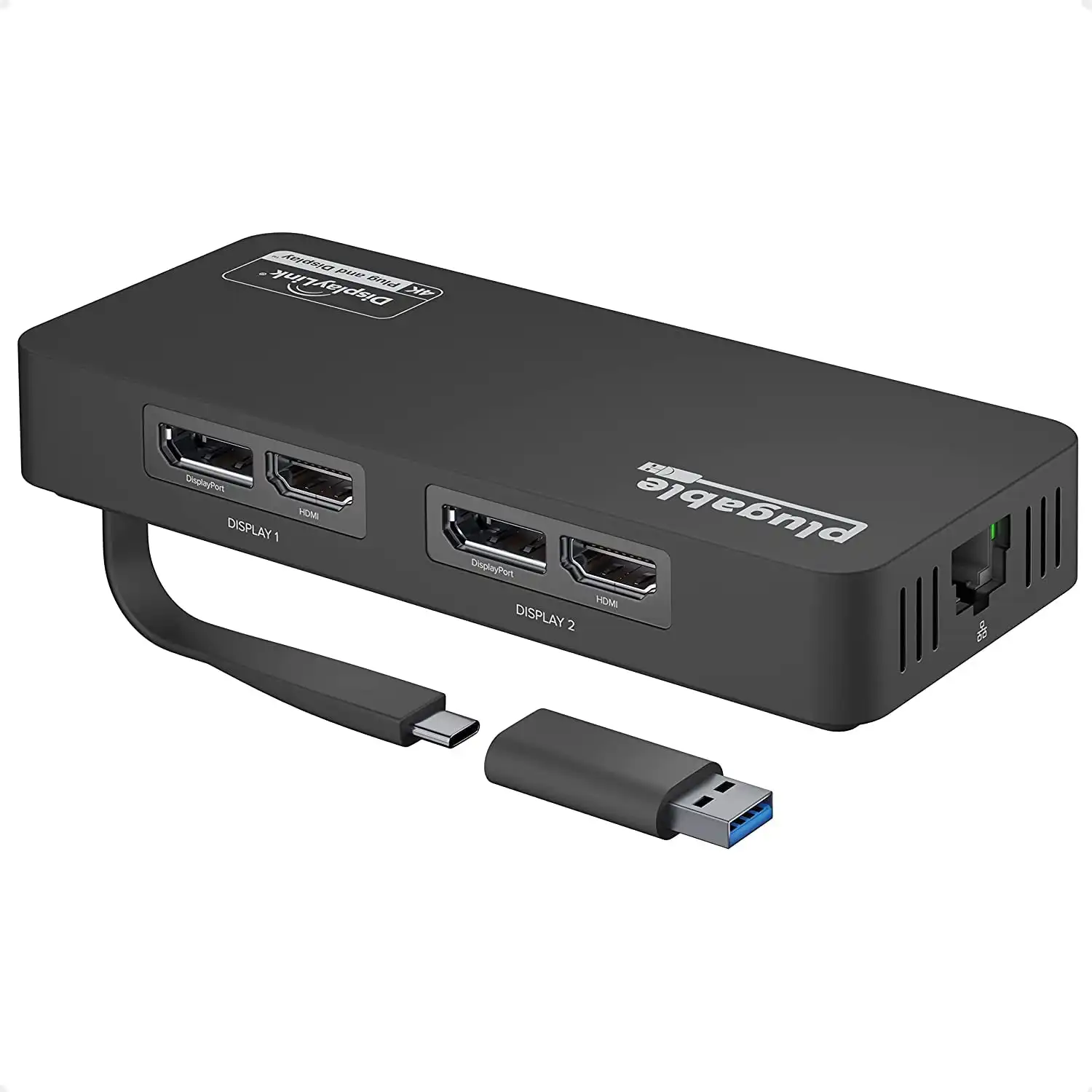 Plugable 4K Displayport and HDMI Dual Monitor Adapter with Ethernet for USB 3.0 and USB-C, Compatible with Windows and Mac