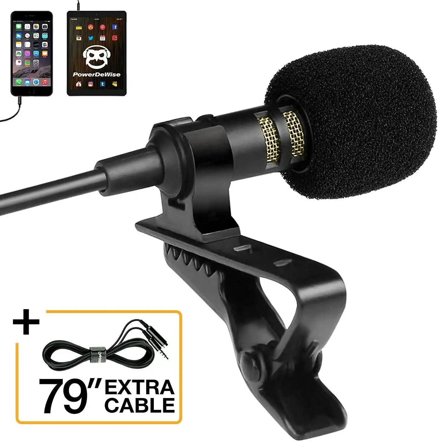 PowerDeWise Professional Grade Lavalier Lapel Microphone ­ Omnidirectional Mic with Easy Clip On System ­ Perfect for Recording Youtube / Interview /