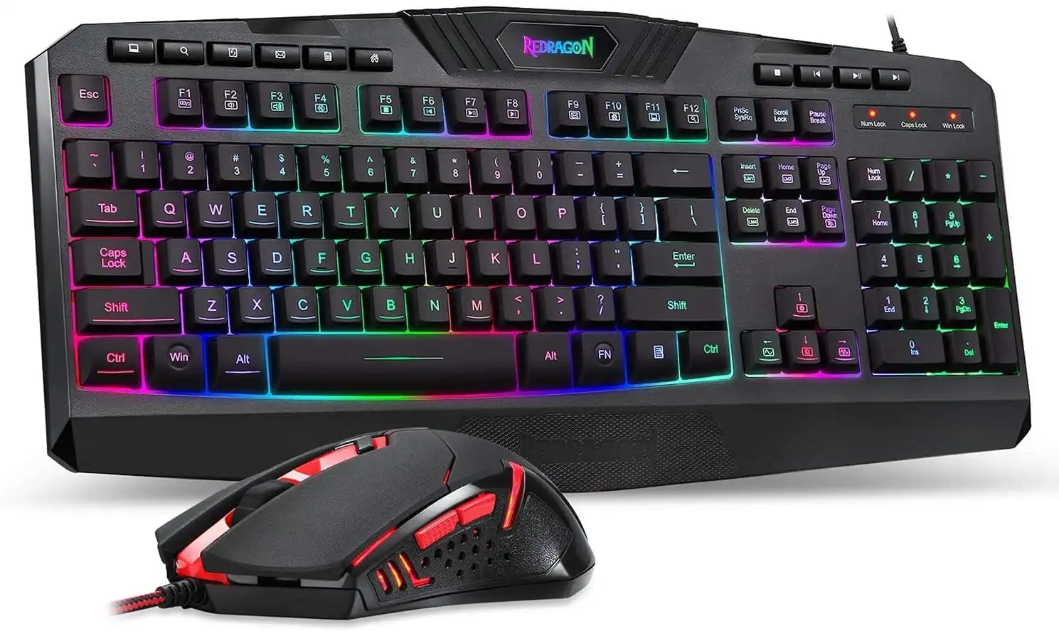 Redragon S101 Wired Gaming Keyboard and Mouse Combo RGB Backlit Gaming Keyboard with Multimedia Keys Wrist Rest and Red Backlit Gaming Mouse 3200 DPI