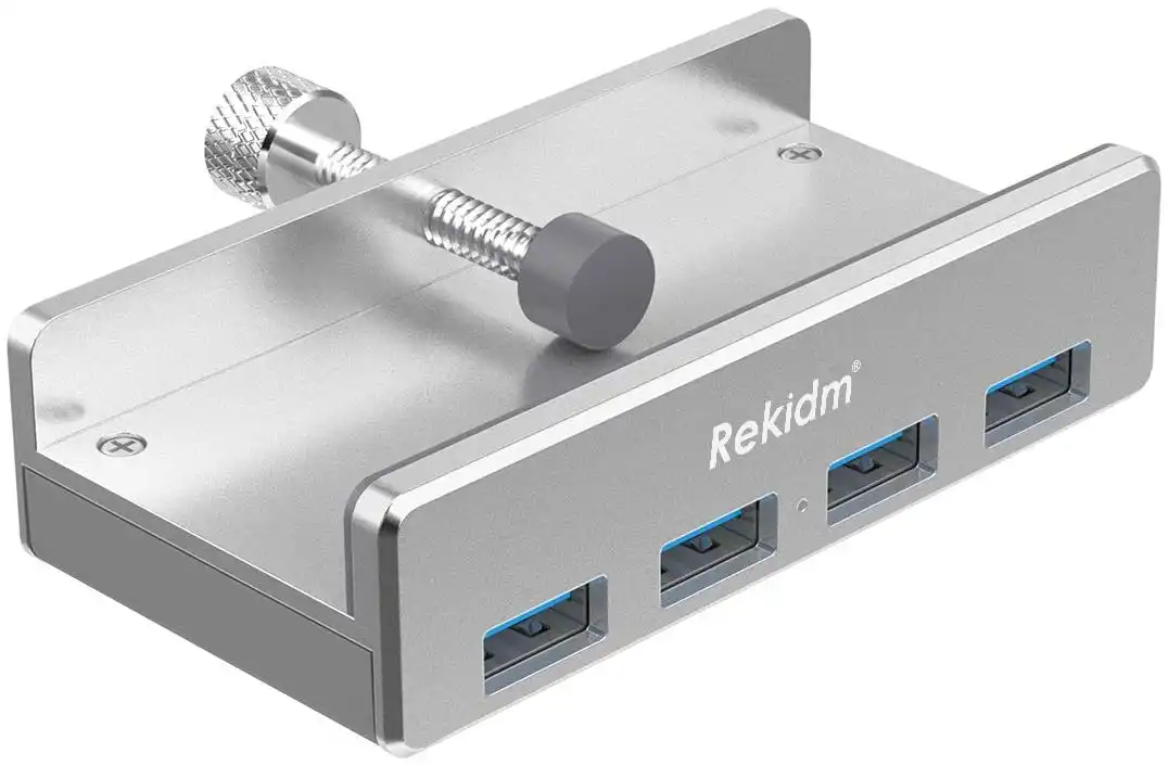 Rekidm USB Hub 3.0 - 4 Port Aluminum USB 3.0 Hub Clamp Design for Desktop, Computer, PC, Table Edge with Durable Adjustable Clip, Compact Space-Saving