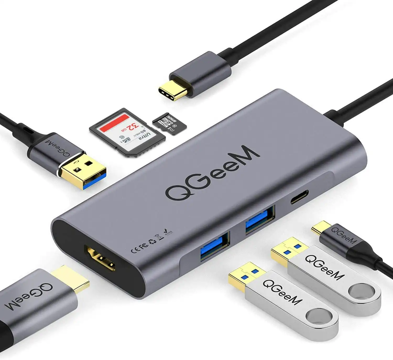 QGeeM USB C Hub HDMI Adapter, 7 in 1 Type C Hub to HDMI 4k,3 USB 3.0 Ports,100W Power Delivery,SD/TF Card Readers Compatible with MacBook Pro 13/15(Th