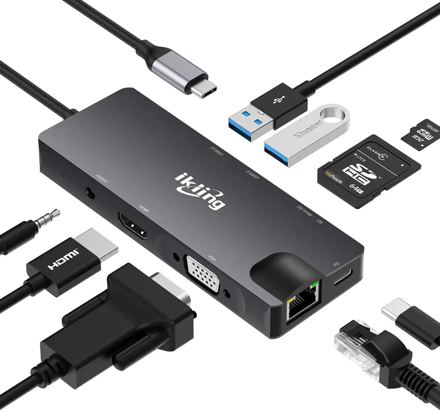 ikling USB C Hub, 9-in-1 USB C Adapter with 4K USB C to HDMI,VGA, USB C Charging, 2 USB 3.0, SD/TF Card Reader, USB C to 3.5mm, Gigabit Ethernet, USB