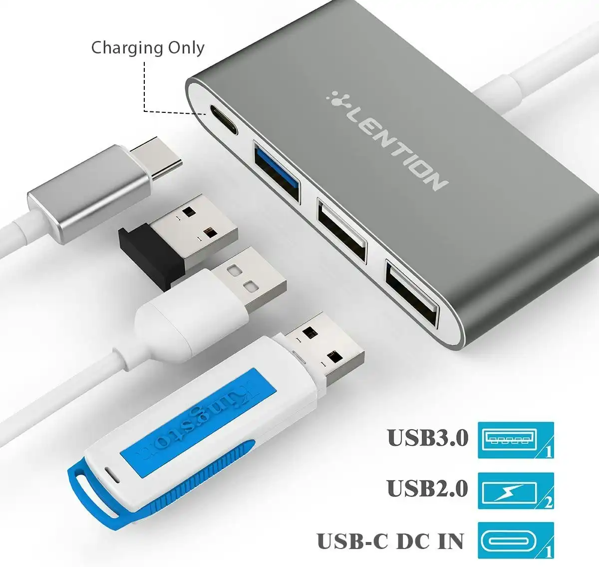 LENTION 4-in-1 USB-C Hub with Type C, USB 3.0, USB 2.0 Compatible 2020-2016 MacBook Pro 13/15/16, New Mac Air/Surface, ChromeBook, More, Multiport Cha