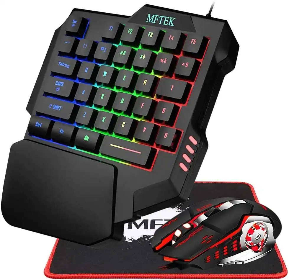 MFTEK One Hand Gaming Keyboard and Mouse Combo, RGB Rainbow Backlit One-Handed Mechanical Feeling Gaming Keyboard with Wrist Rest Support, USB Wired K