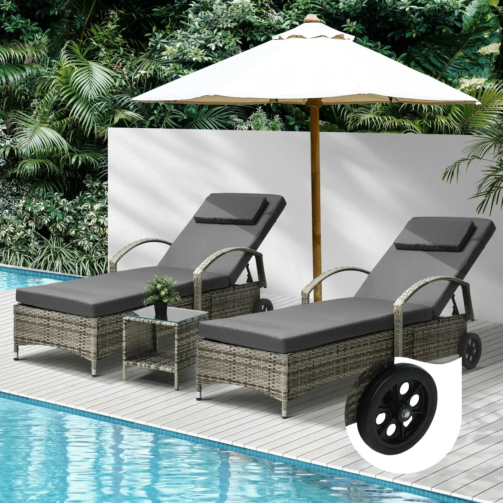 Livsip 2x Wheeled Sun Lounger Day Bed W/ Table Outdoor Setting Patio Furniture