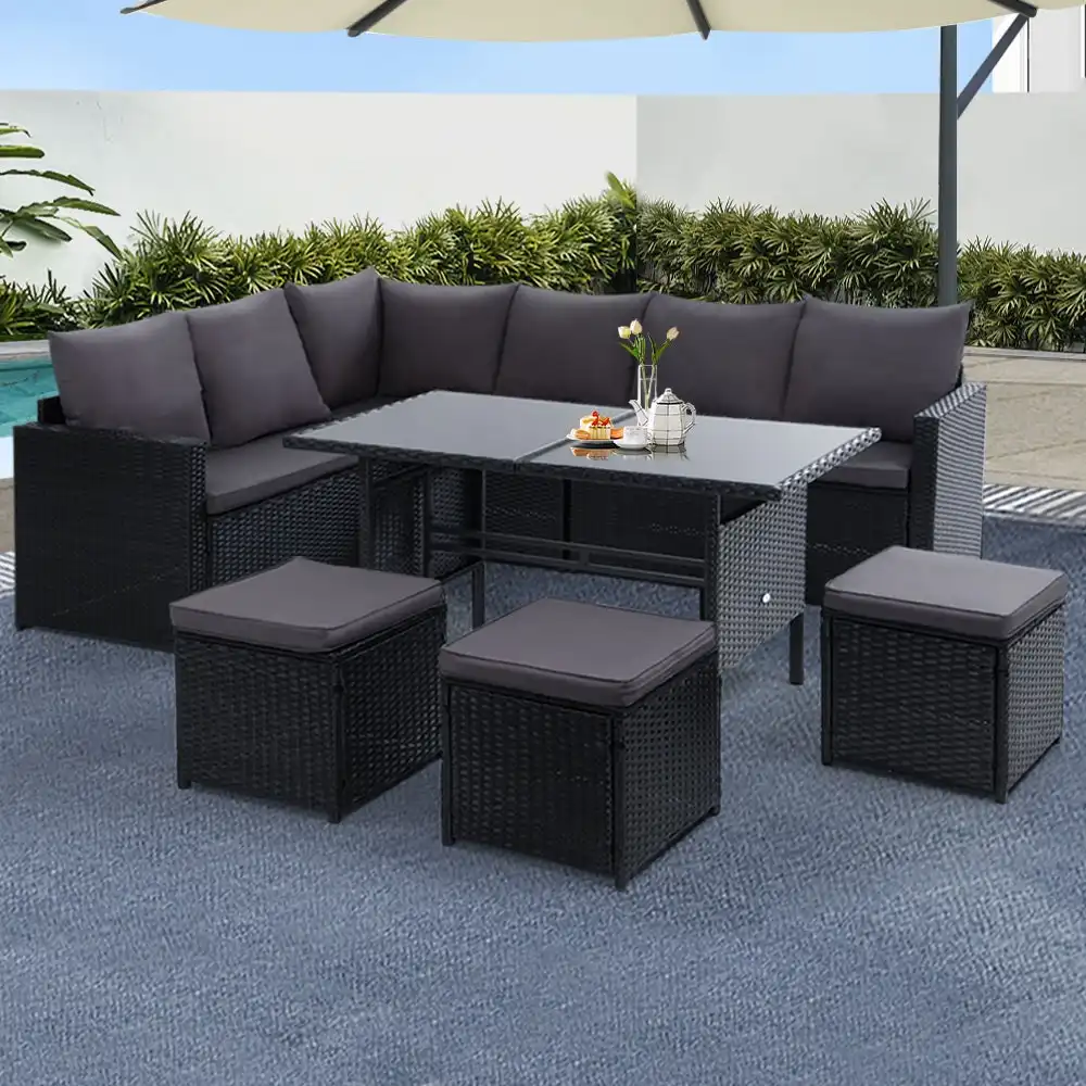 Gardeon 9 Seater Outdoor Dining Set Furniture Lounge Sofa Set Wicker Black Ottoman