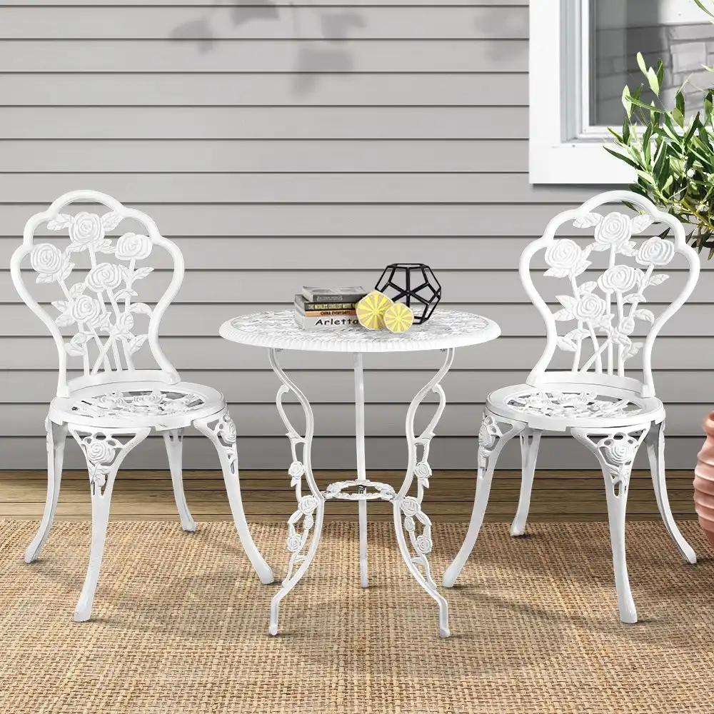 Gardeon Outdoor Setting Dining Chairs Table 3 Piece Bistro Set Cast Aluminum Patio Garden Furniture Rose White