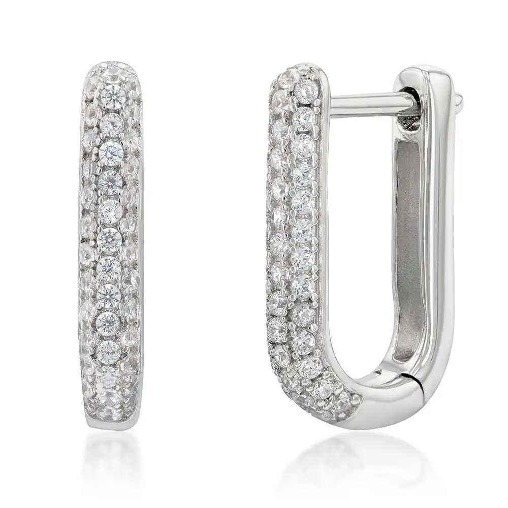 Sterling Silver Rhodium Plated Cubic Zirconia On Elongated Hoop Earring