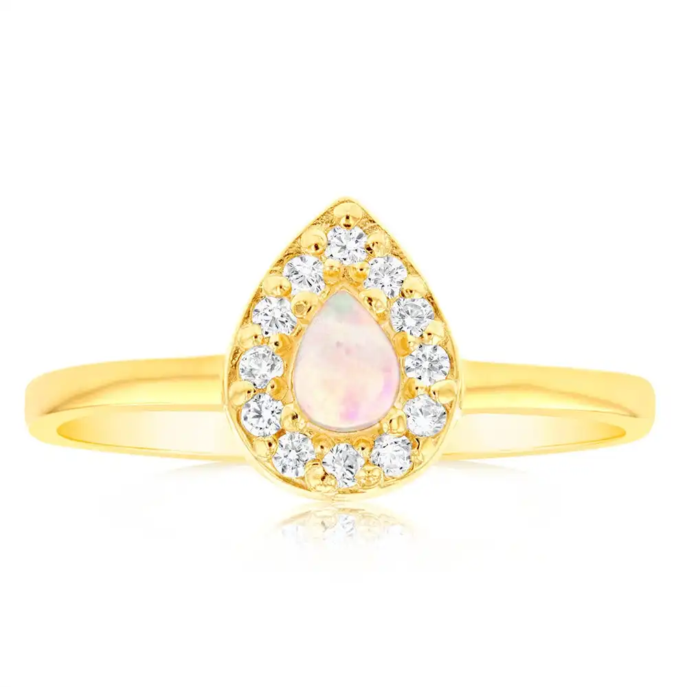 Gold Plated Sterling Silver Pear Created Opal White Cubic Zircornia Ring