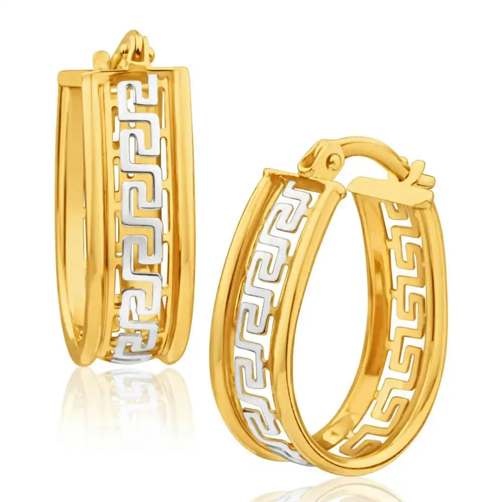 9ct Yellow Gold Silver Filled Oval Hoop Earrings with Greek Key of Life Design