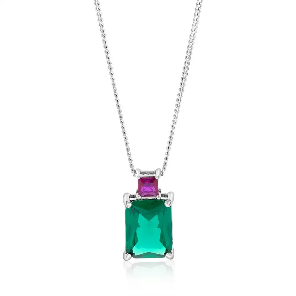 Sterling Silver Rhodium Plated Green And Pink Square Cubic Zirconia Pendant