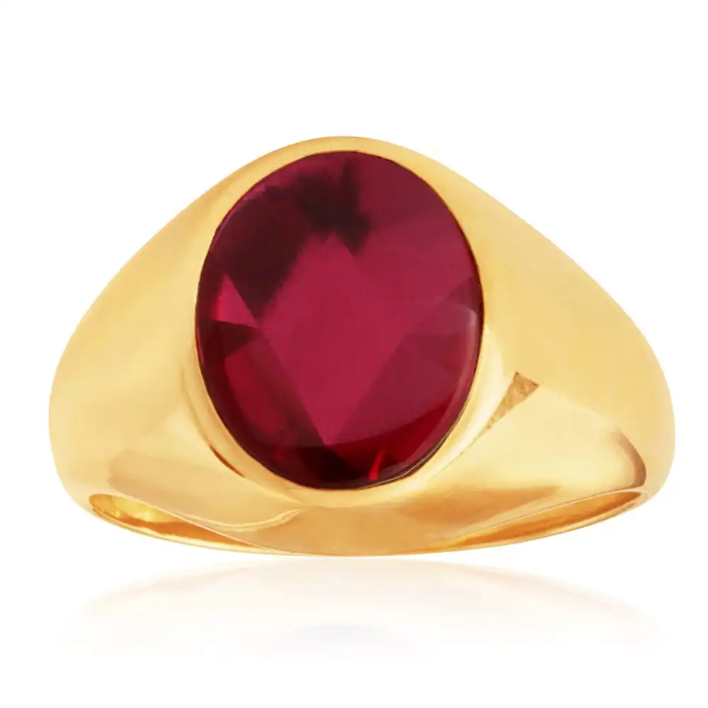 9ct Yellow Gold Created Ruby Gents Ring