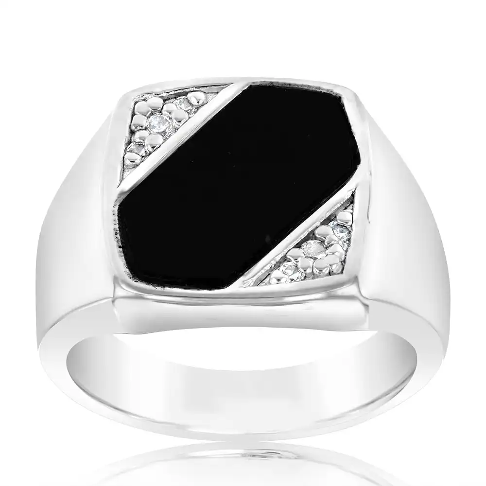 Sterling Silver Cubic Zirconia Onyx Black Gents Ring