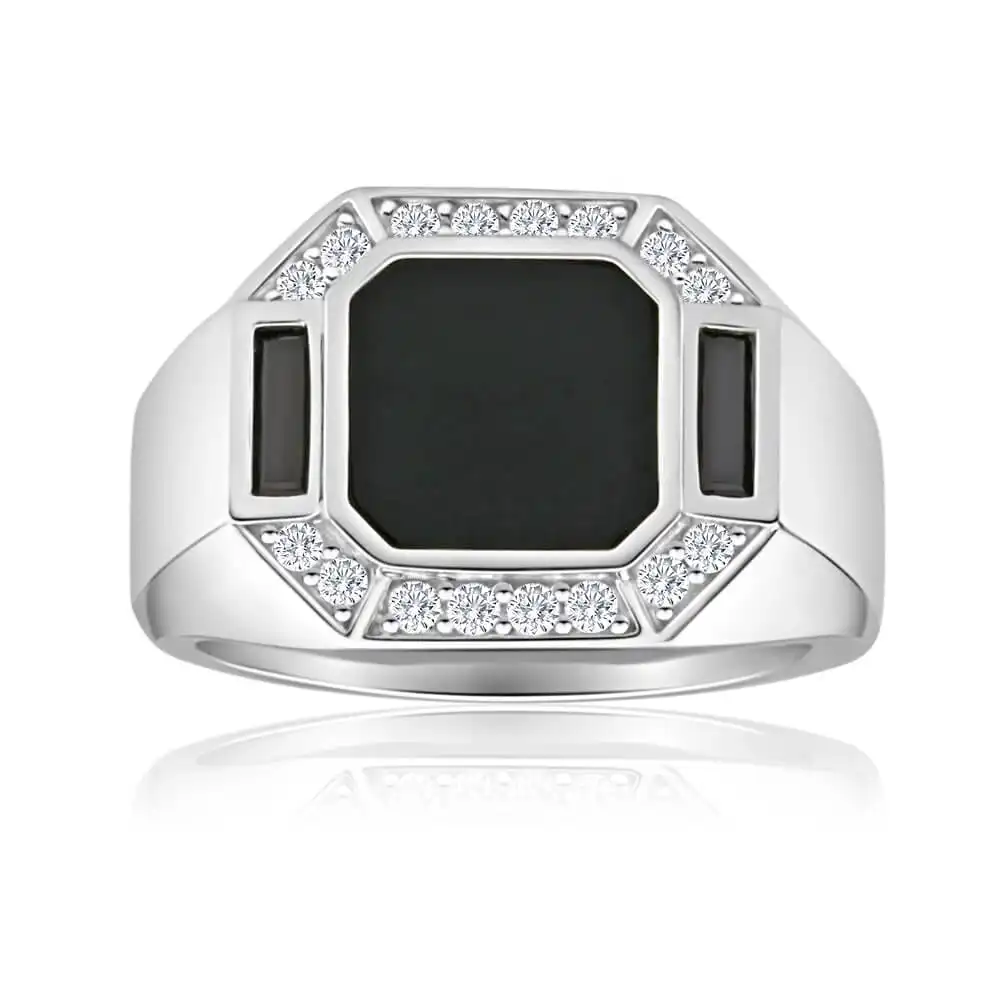 Sterling Silver Onyx + Cubic Zirconia Gents Ring