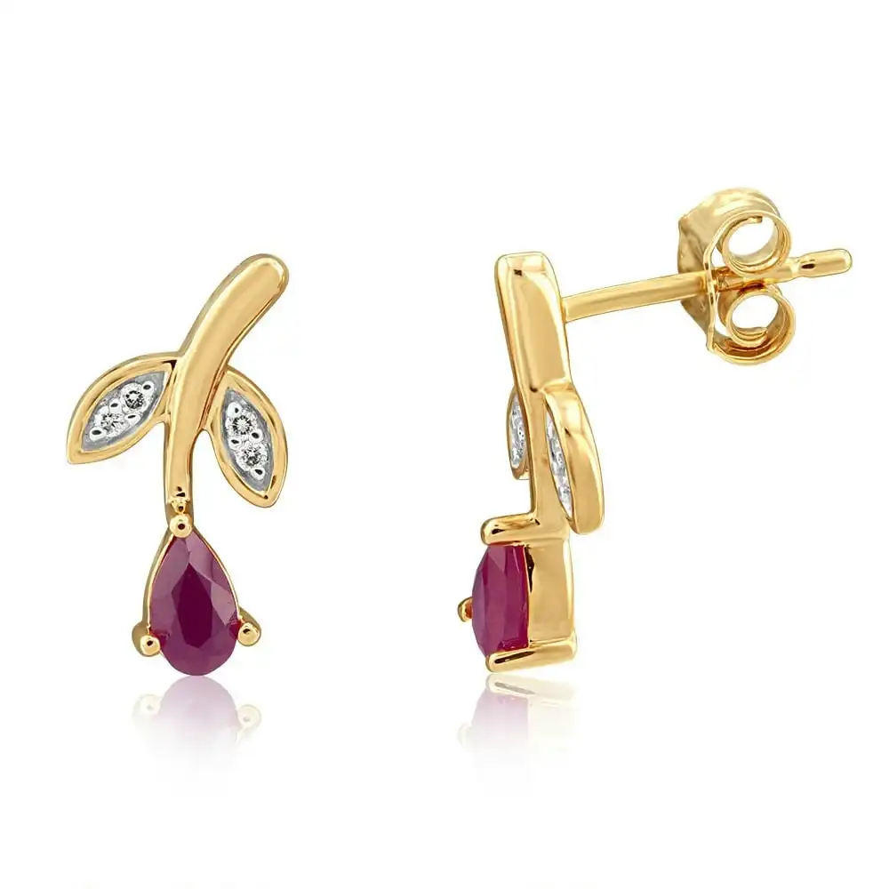 9ct Yellow Gold Diamond And Created Pear Shaped Ruby Stud Earrings