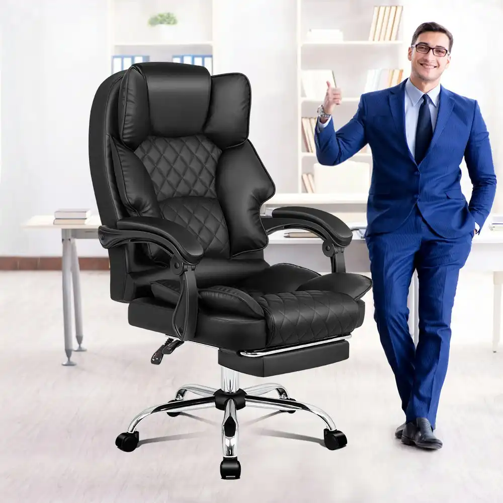 Alfordson Office Chair Deluxe PU Leather Executive - Black (With Footrest)
