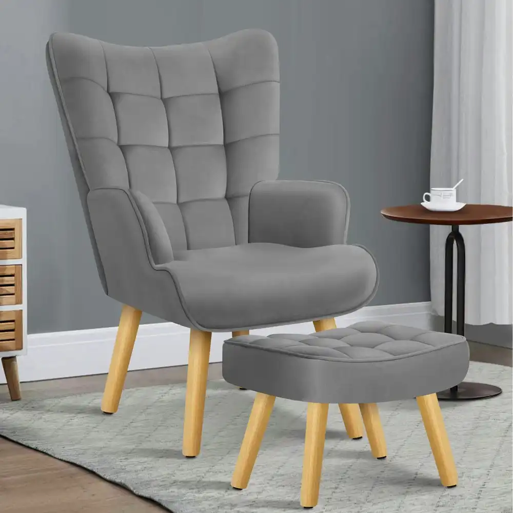 Alfordson Wooden Armchair Accent Chair Ottoman Velvet Light Grey