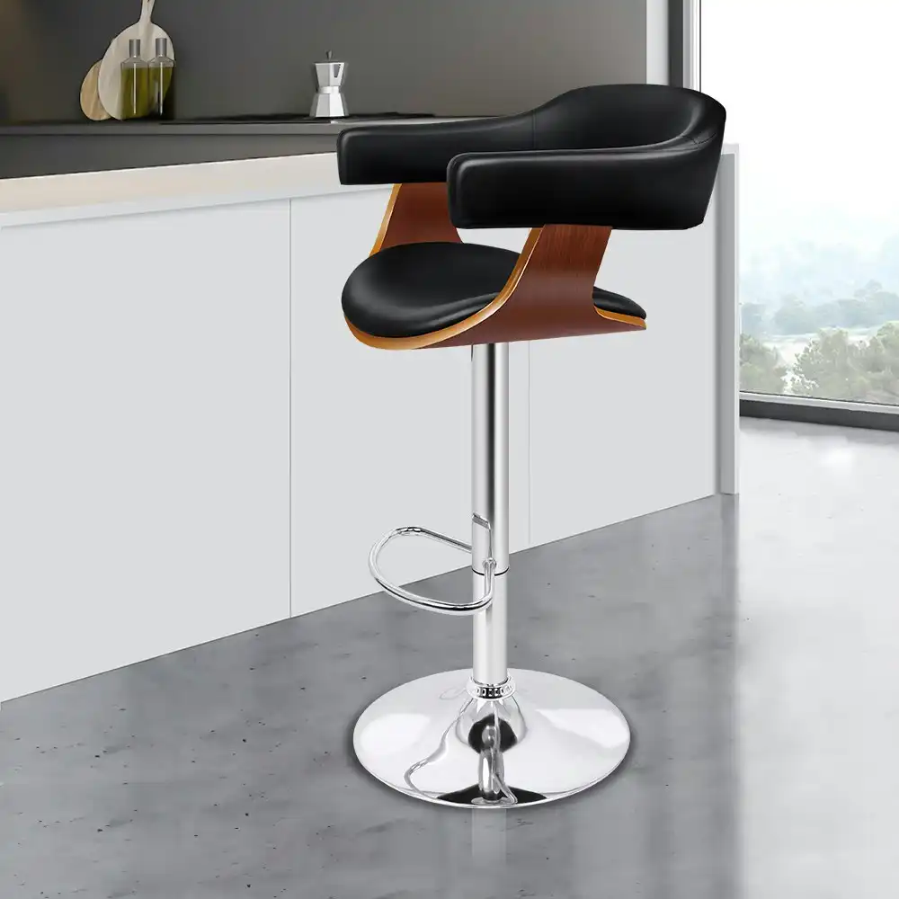 Alfordson 1x Wooden Bar Stool Joan Kitchen Swivel Chair Wood Leather Black