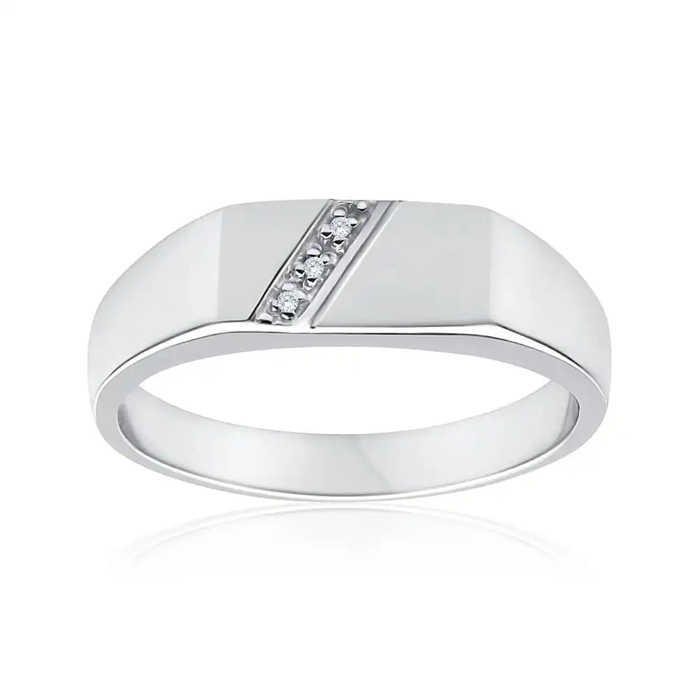Sterling Silver x3 Diamond Set Gents Ring