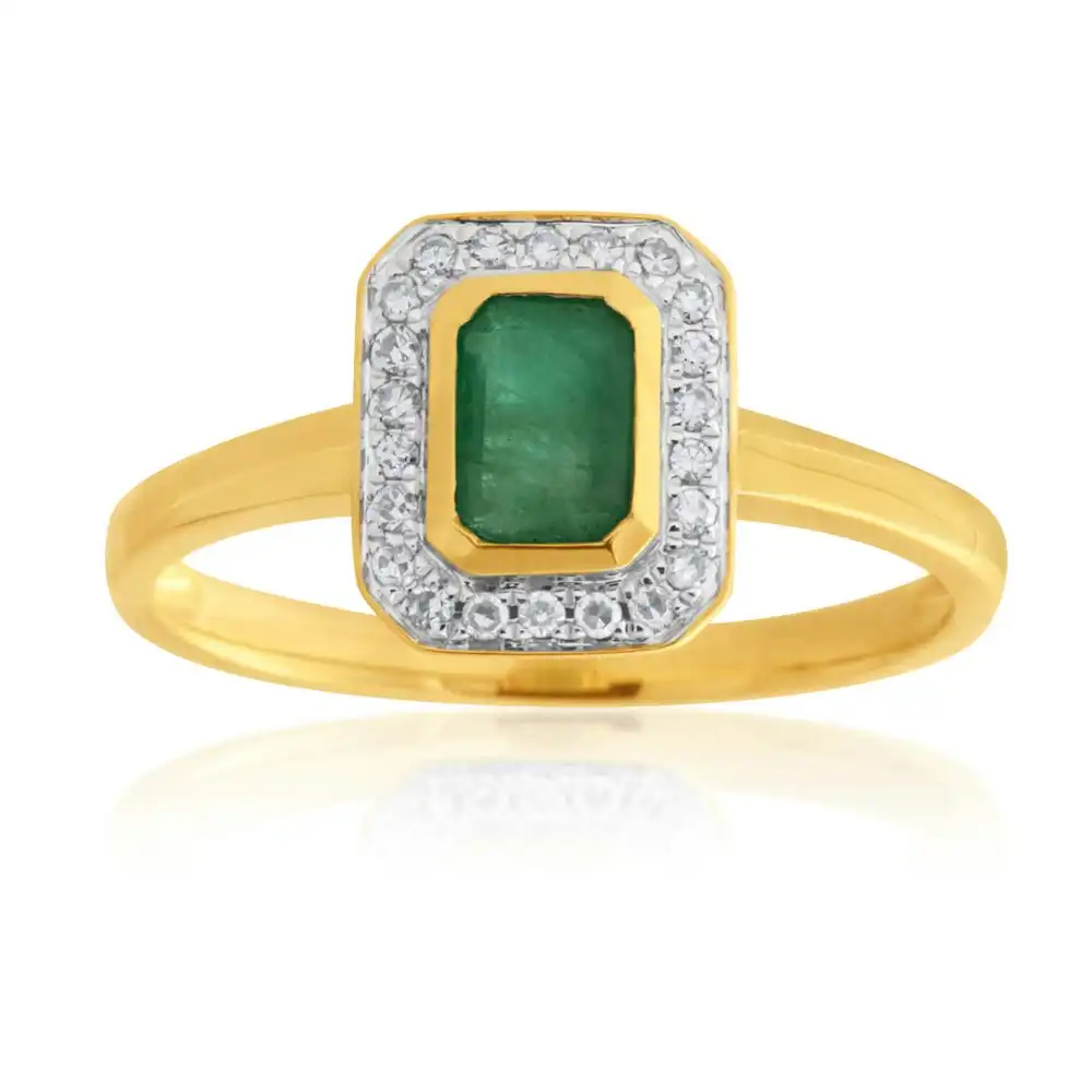 9ct Yellow Gold Natural Emerald 6x4mm and Diamond 0.10ct Ring