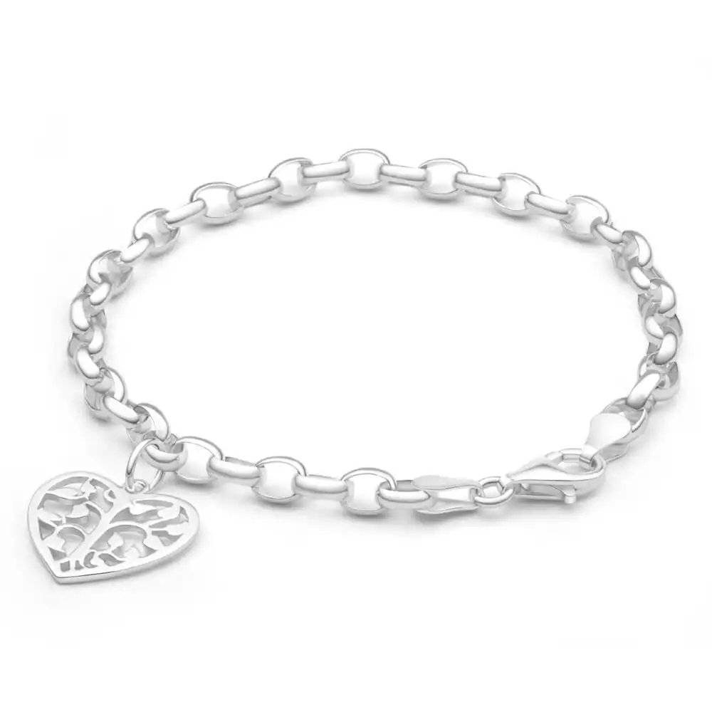 Sterling Silver Belcher Tree Of Life Heart Charm 18cm Bracelet