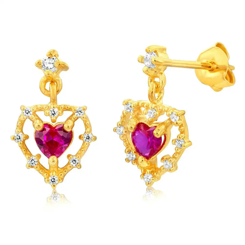 Gold Plated Sterling Silver Created Ruby Drop Earrings