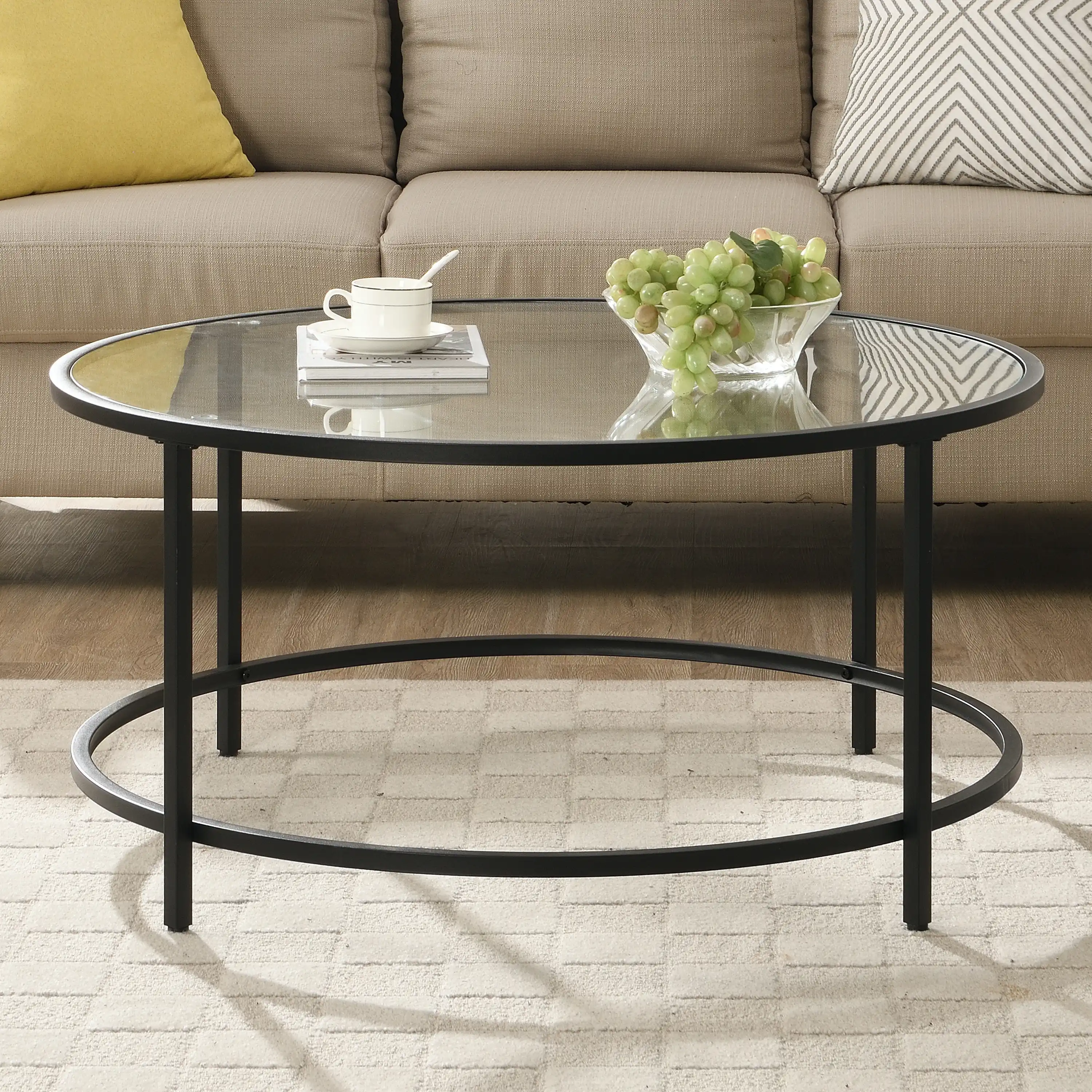 IHOMDEC Round Coffee Tables Metal Frame with Top Tempered Glass Black/Transparent