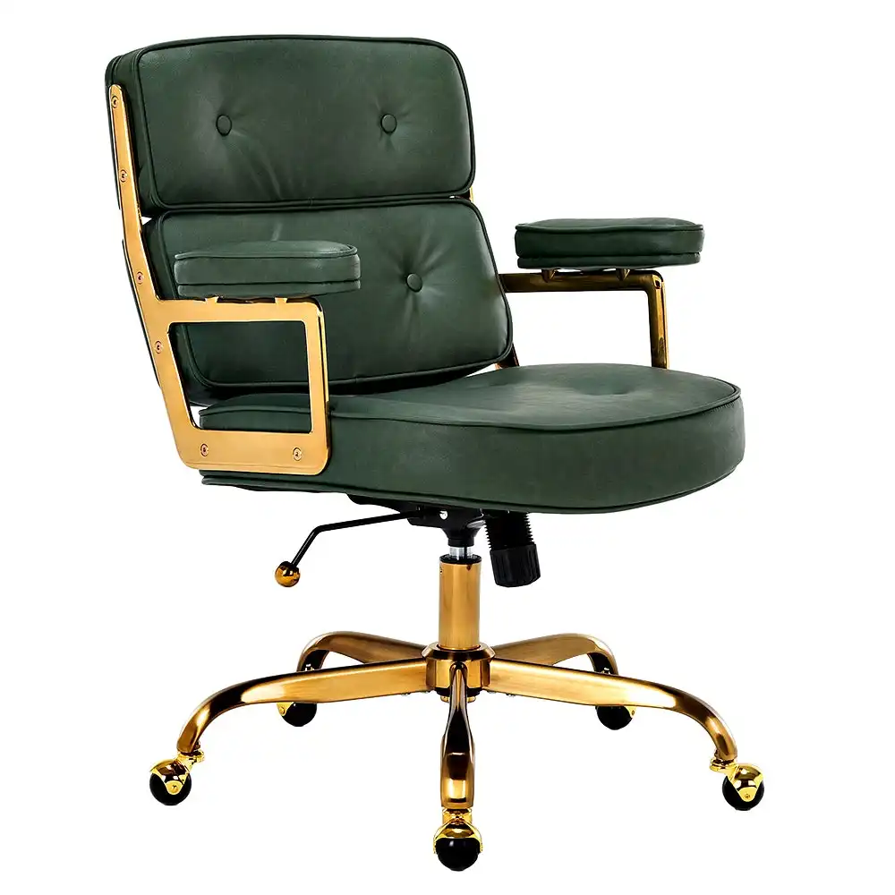Furb Executive Lobby Office Chair Mid-Back PU Leather Thick Pad Gold Green