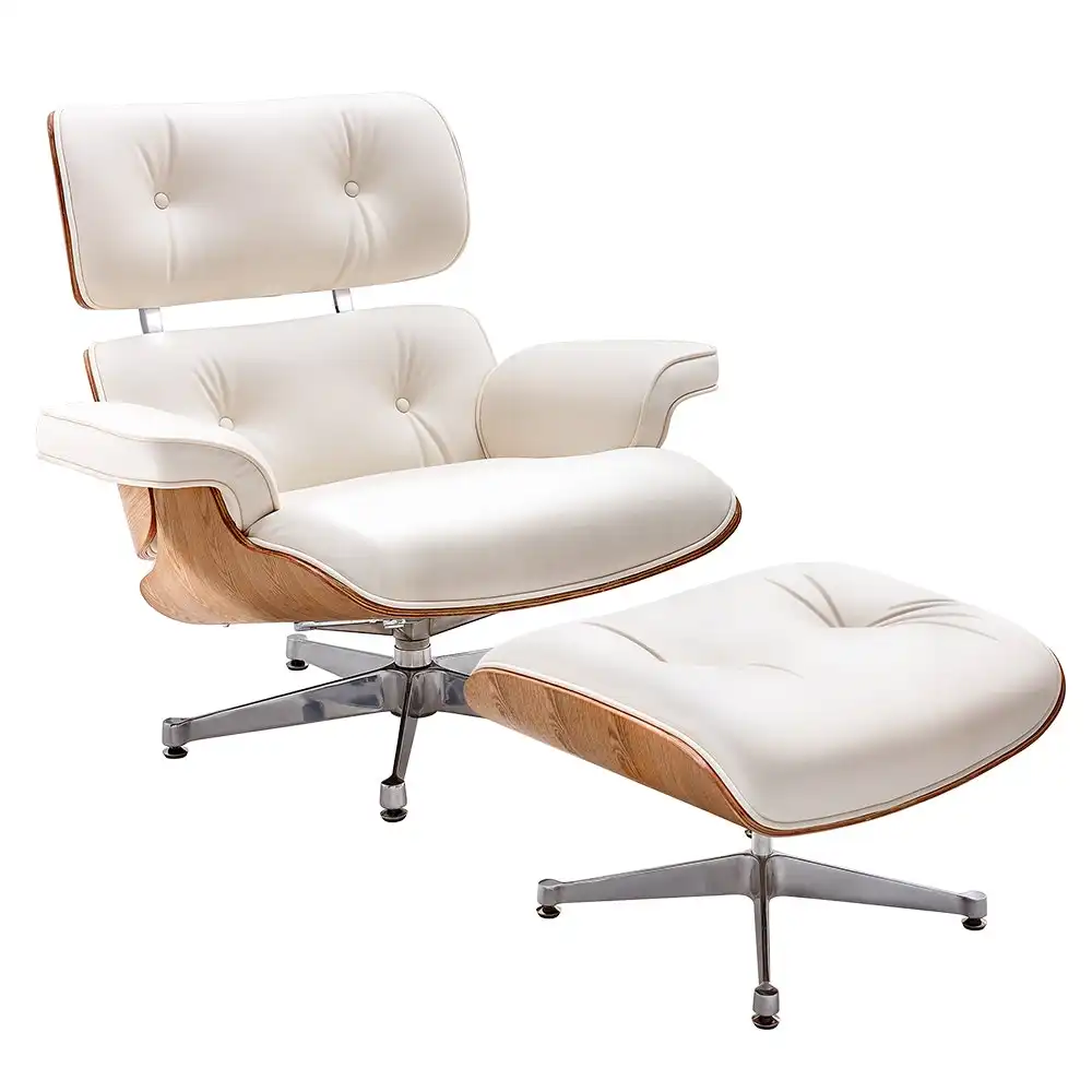 Furb Executive Lounge Chair PU Leather Classic Armchair Ottoman White