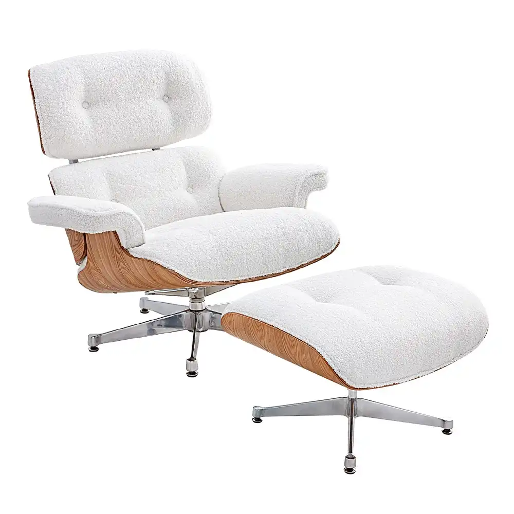 Furb Executive Lounge Chair Sherpa Fabric Classic Armchair Ottoman White