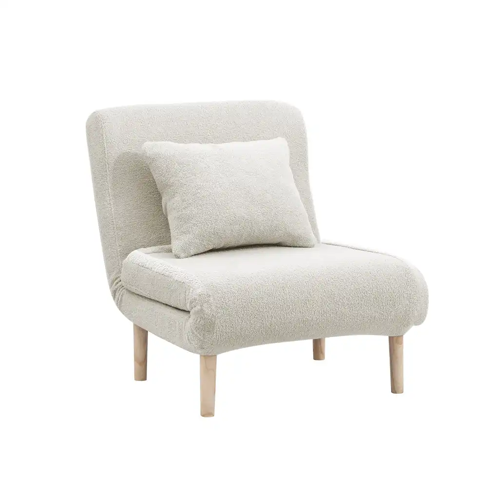 Furb Sofa Bed Lounge Chair Sherpa Fabric Folding Recliner Wood Leg Single Beige