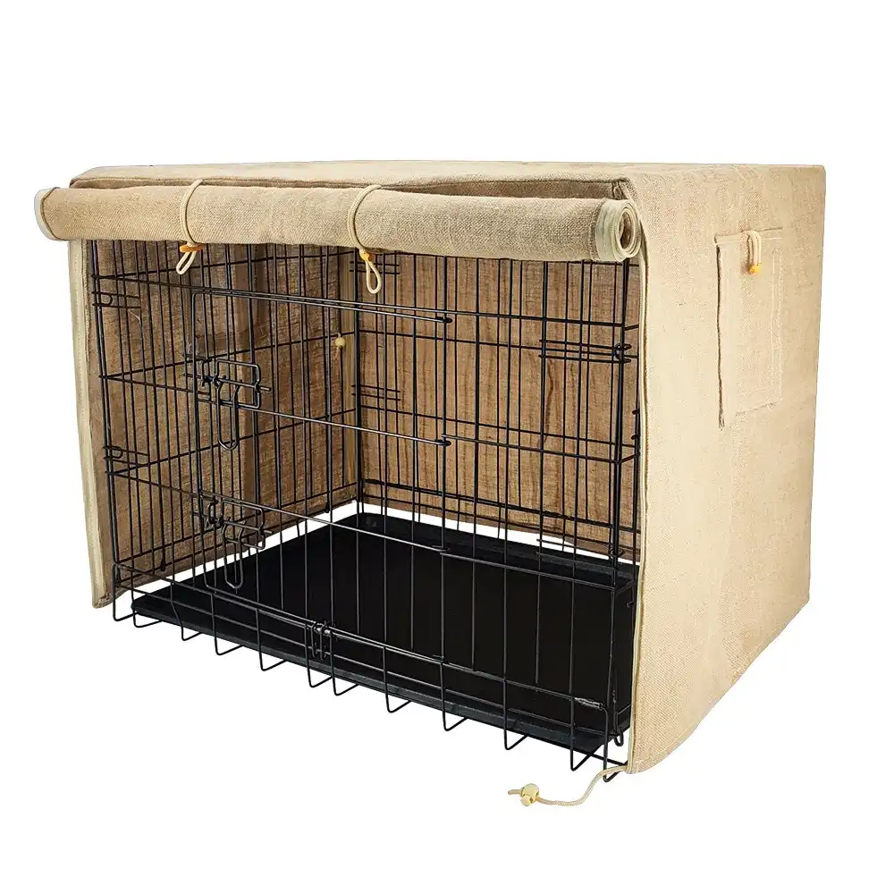 Taily 42" Dog Cage Foldable 3 Doors Metal Pet Crate with Jute Cover and Tray L