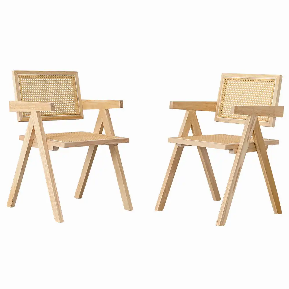 Furb 2x Dining Chairs Rattan Chair With Armrest Accent Wooden Chair Oak