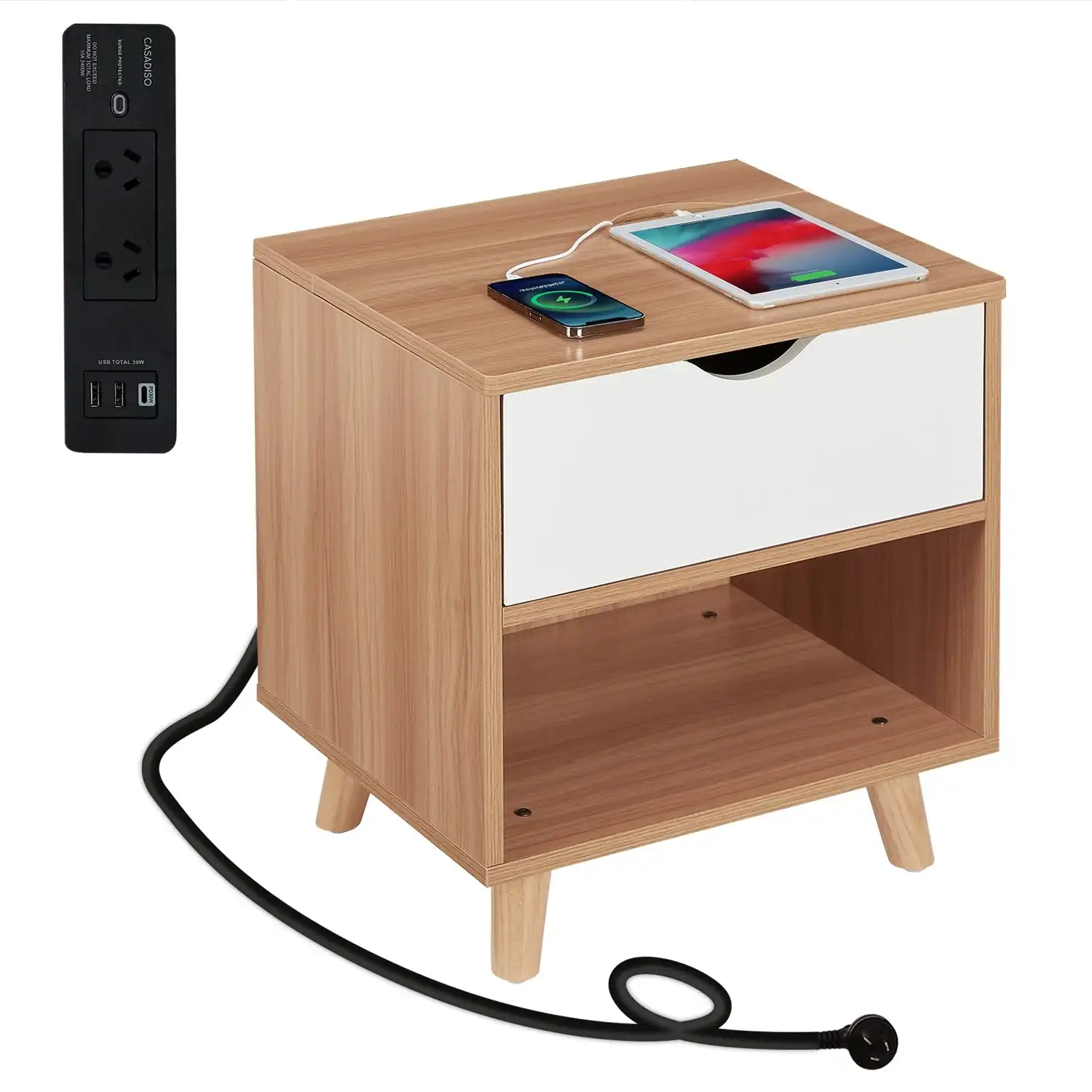Casadiso Bedside Table with Charging Station Smart Side Table with Integrated Power Board & USB Ports (Furud)