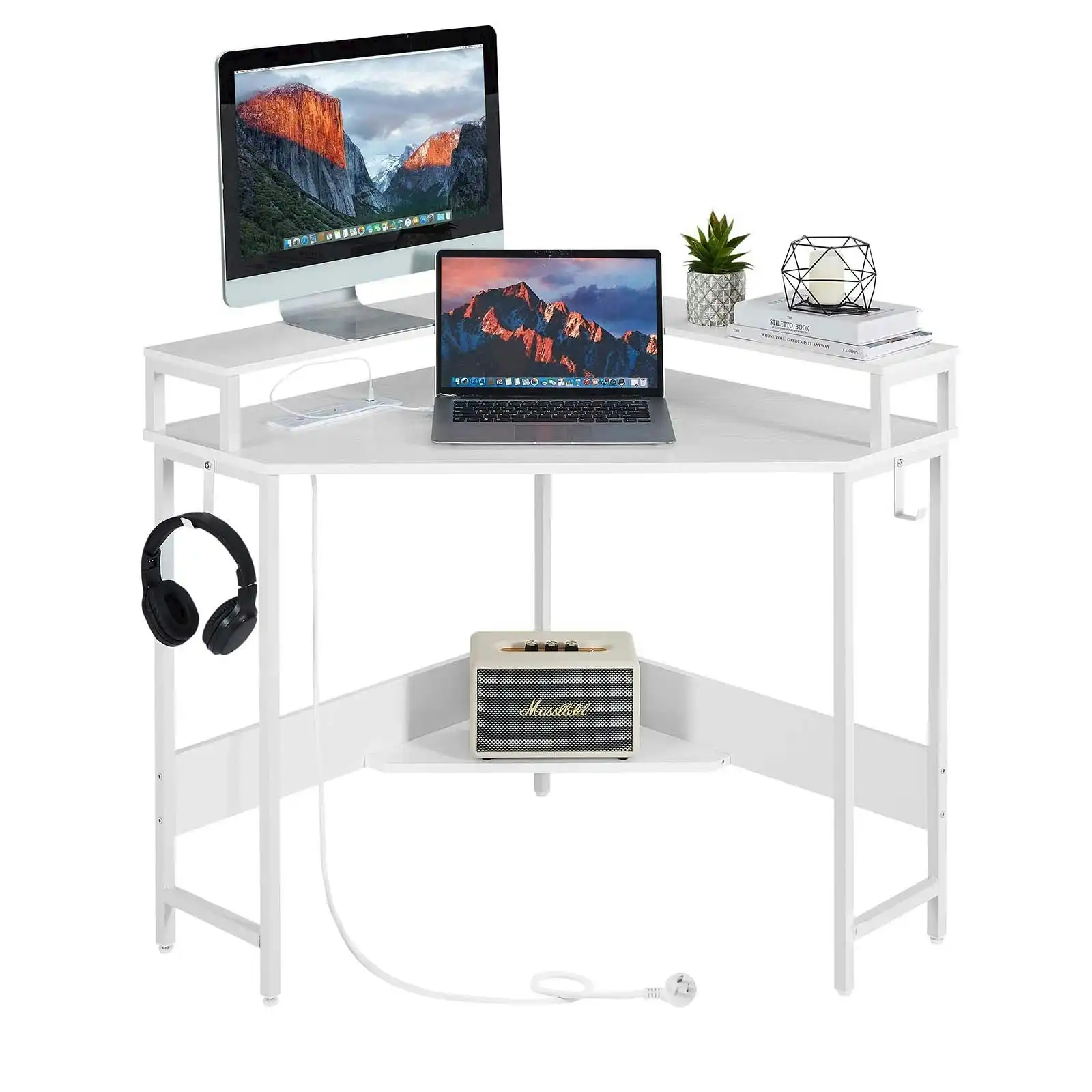 Casadiso L-Shaped Corner Desk with Power Board Smart Gaming Desk with Monitor Charging Station & USB Ports White (Albali)