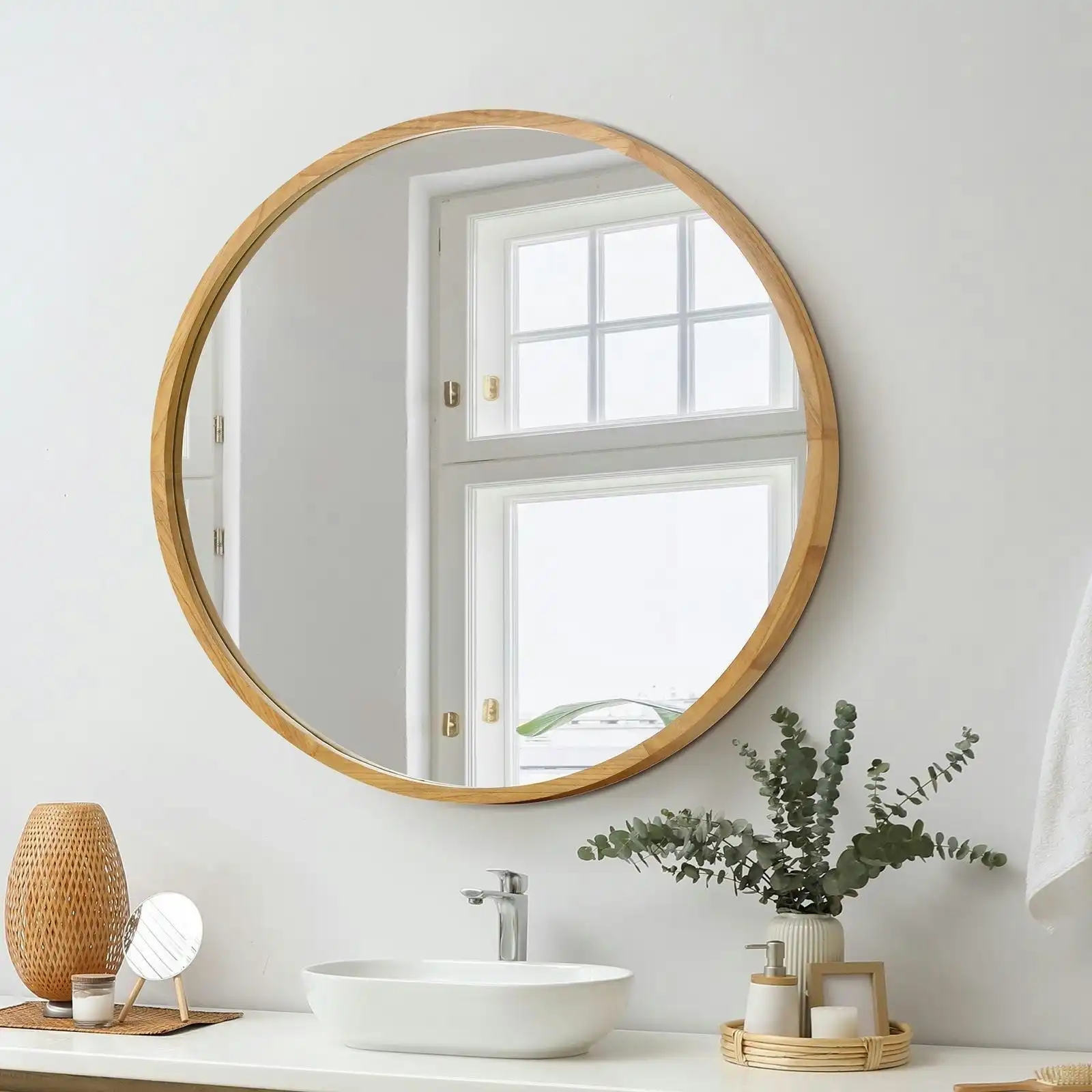 Oikiture Wall Mirrors Round 70cm Makeup Mirror Vanity Home Decro Wooden