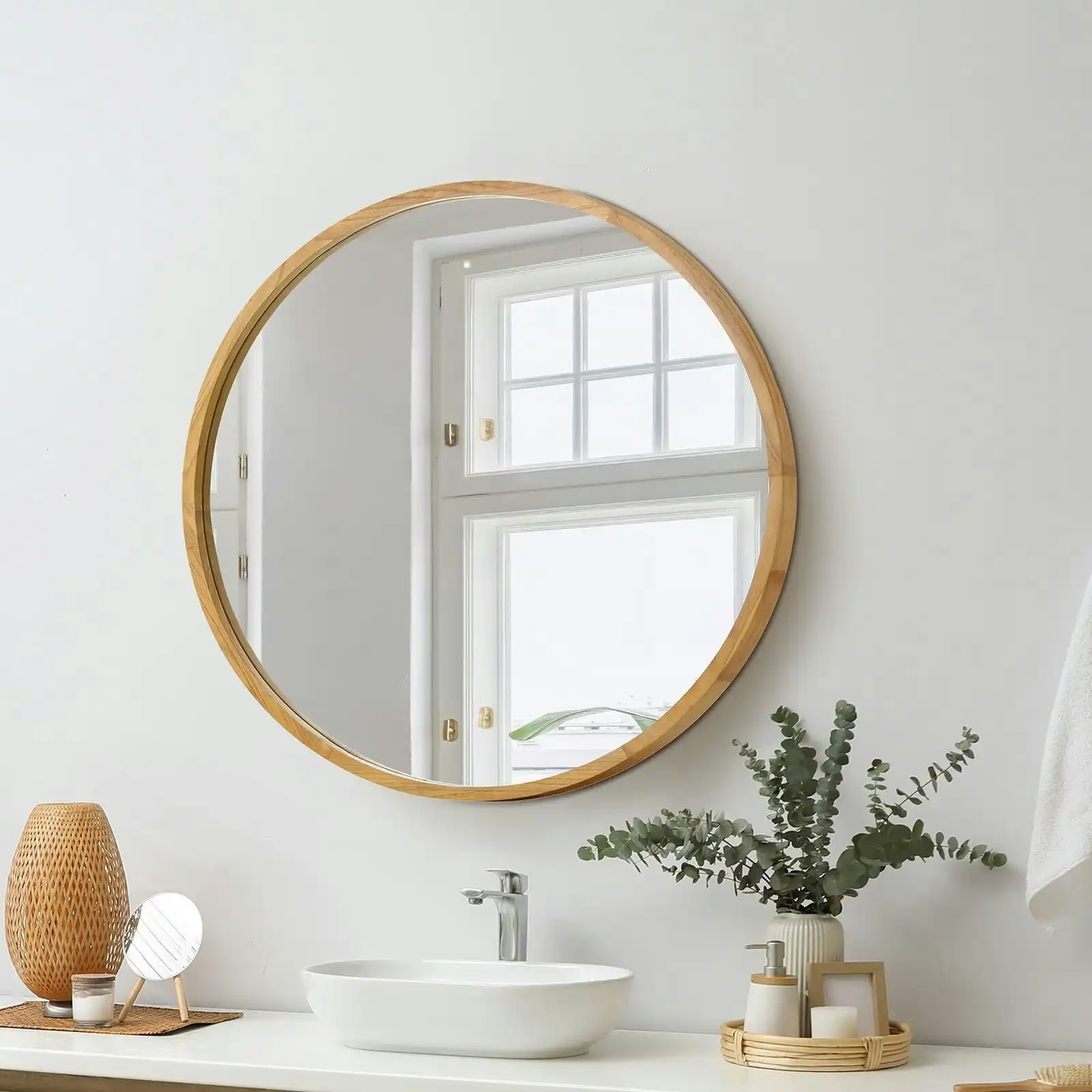 Oikiture 60cm Wall Mirrors Round Makeup Mirror Home Decro Wooden Dining Room