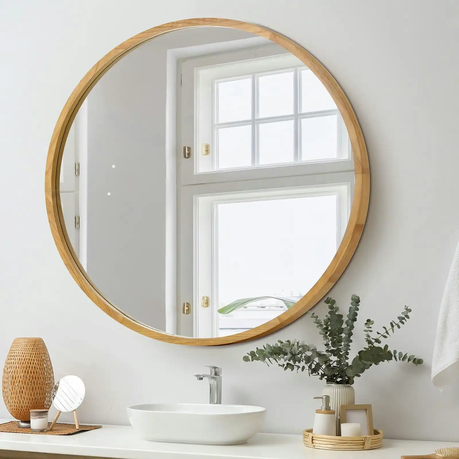 Oikiture Wall Mirrors Round Large Makeup Mirror Vanity Home Decro 90cm Wooden