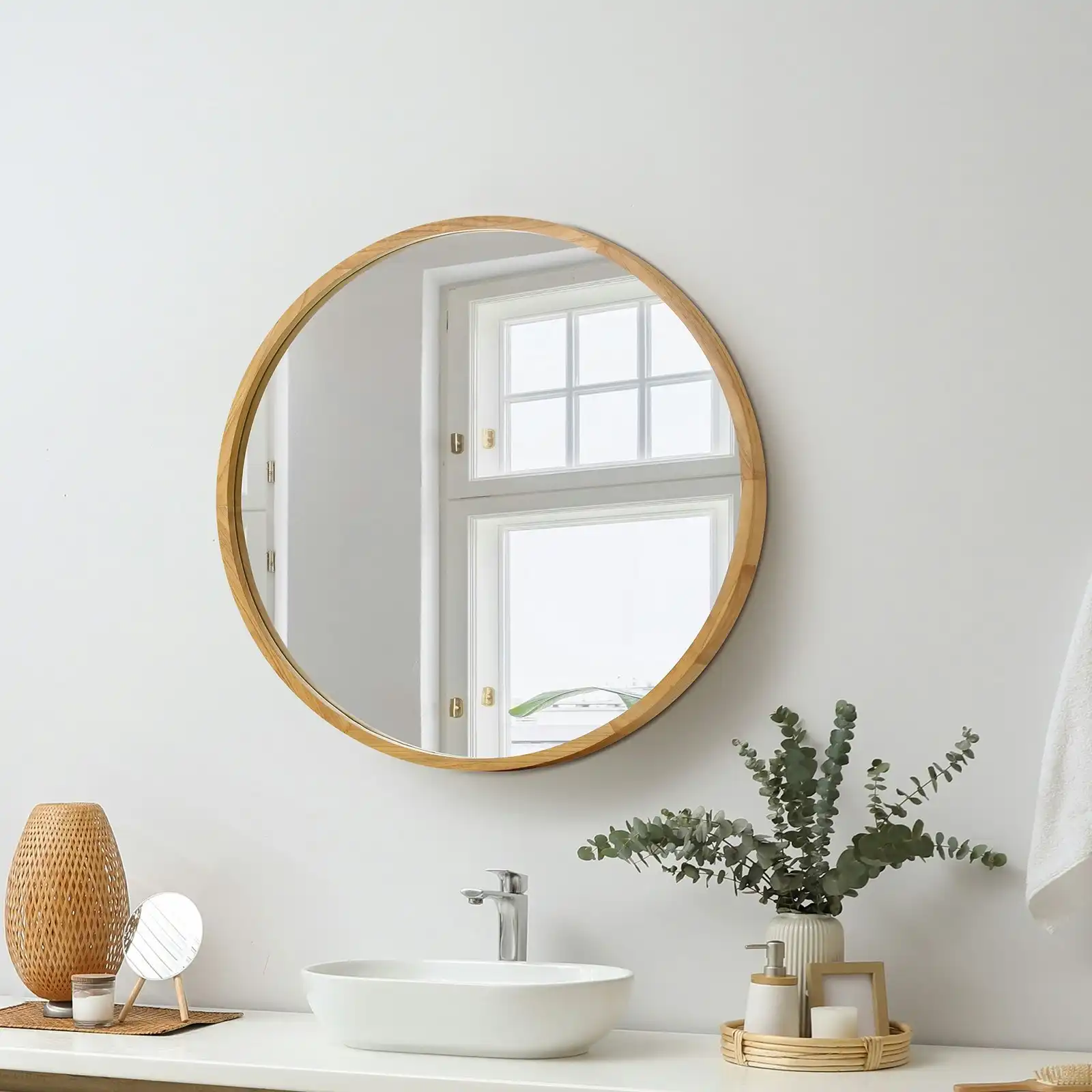 Oikiture Wall Mirrors Round Makeup Mirror Vanity Home Decro 50cm Wooden