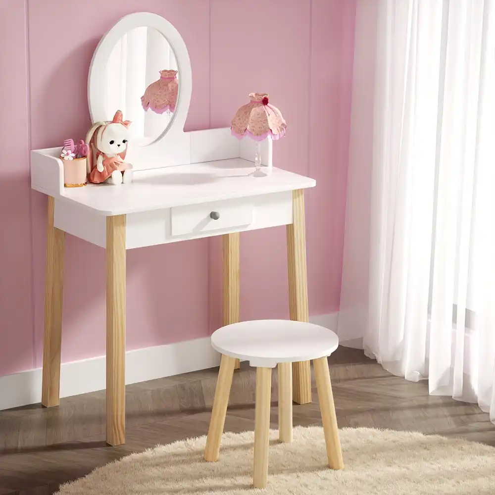 Keezi Kids Vanity Makeup Dressing Table Chair Set Wooden Leg with Drawer Mirror